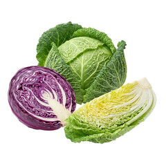 Fototapeta premium Vibrant assortment of fresh cabbages featuring whole green savoy, a halved red cabbage, and crisp napa, perfect for healthy culinary creations and salads, isolated on white