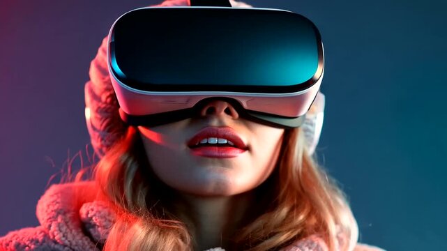 Young woman wearing virtual reality headset, experiencing immersive technology in a futuristic environment