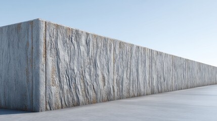 Textured concrete wall with unique patterns and light reflections under clear blue sky, modern architectural background
