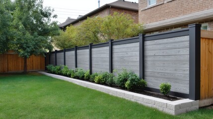 Fototapeta premium Modern Backyard with Stylish Wooden Fence, Lush Green Lawn, and Neatly Trimmed Shrubs Surrounded by Contemporary Homes