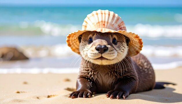 Adorable otter wearing a seashell hat on a sandy beach.