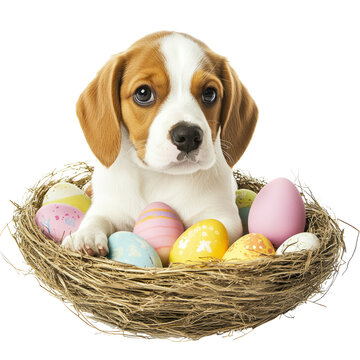 Easter Puppy With Eggs. Cute Beagle Dog In Nest With Colorful Painted Eggs. Happy Spring!