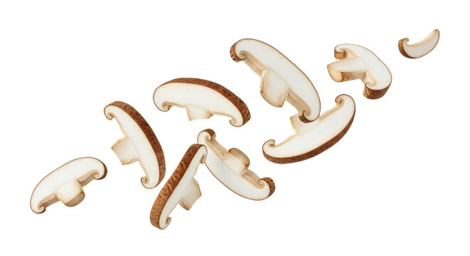 Fresh Shiitake Mushrooms Sliced and Falling Isolated on White Background