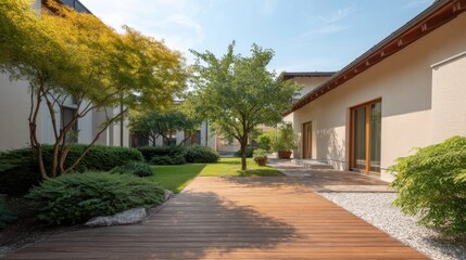 Fototapeta premium Tranquil Modern Garden with Lush Greenery and Peaceful Atmosphere in Bright Daylight