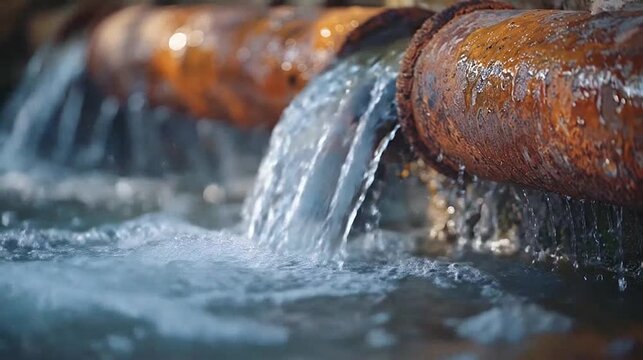 Water gushes from several old, rusty pipes into a bubbling stream below, creating splashes