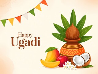 Happy ugadi festival celebration with traditional indian fruits and decorations