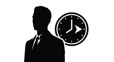 A man in a suit stands with a clock emphasizing time management silhouette © Rita