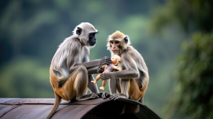 Fototapeta premium Two Sri Lankan Toque Macaques intently examine a baby doll on a curved roof.
