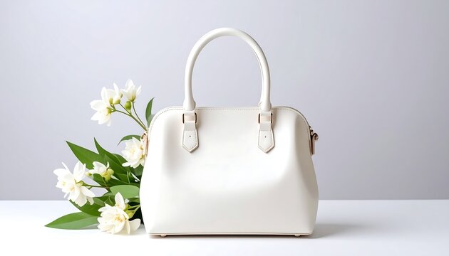 White handbag and flowers on a white surface