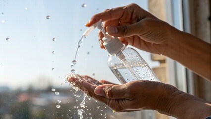 A person is dispensing clear hand sanitizer from a transparent bottle onto their palm near a window with sunlight in the background.