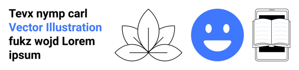 Fototapeta premium Wellness, emotional health, education, digital reading, mindfulness, nature. Black outline of a leaf, blue happy face and open book on a smartphone. Wellness and emotional health concept