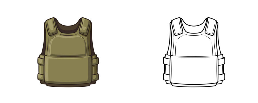 Tactical body armor bulletproof vest in cartoon and linear styles with olive green color for military protection and personal safety on white background isolated set
