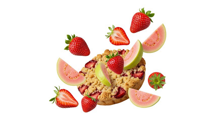 Naklejka premium Fresh Strawberry Guava Crumble Cake with Falling Fruits