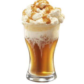 Root Beer Float In Glass With Ice Cream And Caramel On A White Background. Refreshing Treat.