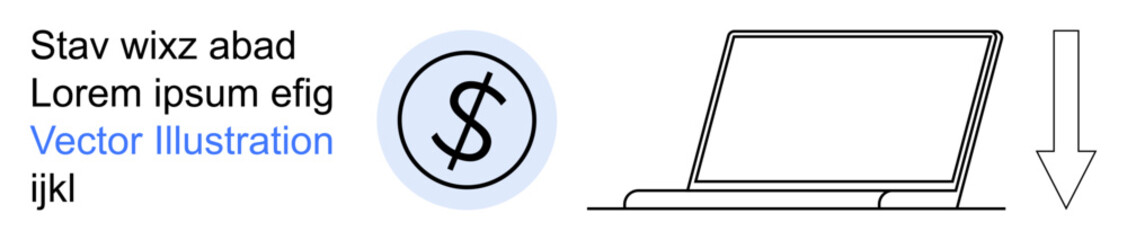 Obraz premium Financial trends, investment decisions, business analytics, economic planning, digital economy, market research. Dollar sign, laptop downward arrow. Financial trends and business analytics concept