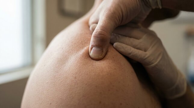 Therapist applying deep trigger point pressure to shoulder