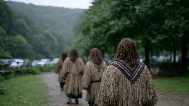 Traditional Bulgarian Kukeri Masquerade Ritual at Dawn in Village with Shaggy Costumes and Bells