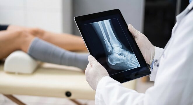 Doctor holding digital tablet showing ankle fracture X-ray