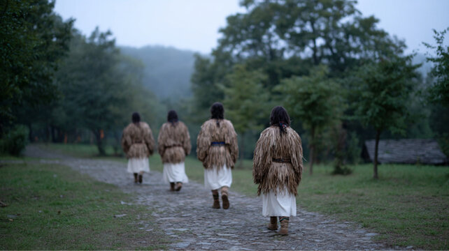 Traditional Bulgarian Kukeri Masquerade Ritual at Dawn in Village with Shaggy Costumes and Bells
