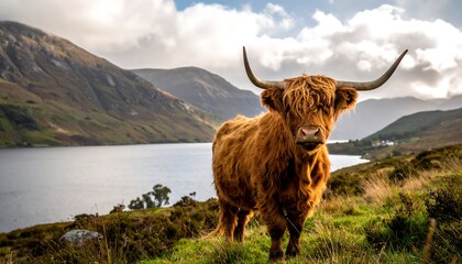Fluffy brown Highland cow with long horns stands near a lake and rolling hills under a cloudy sky