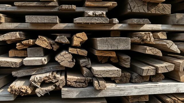 A stack of weathered wooden planks and branches