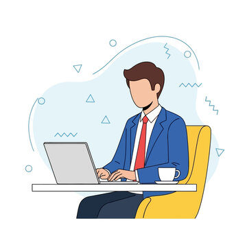 Businessman working on laptop computer at desk in flat vector style symbolizing corporate productivity and office workflow