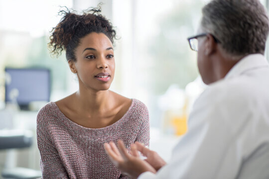 dermatologist discussing acne treatment plan with young African woman in consultation room, bright clean clinic interior, natural window light