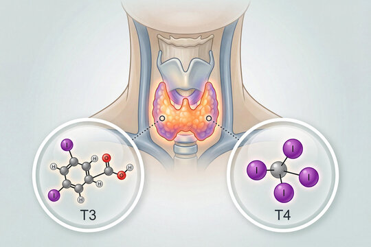 Medical illustration of thyroid gland with molecular structures of T3, T4 hormones. Visualizes iodine atoms and hormone composition, ideal for endocrine education, metabolism, and clinical reference