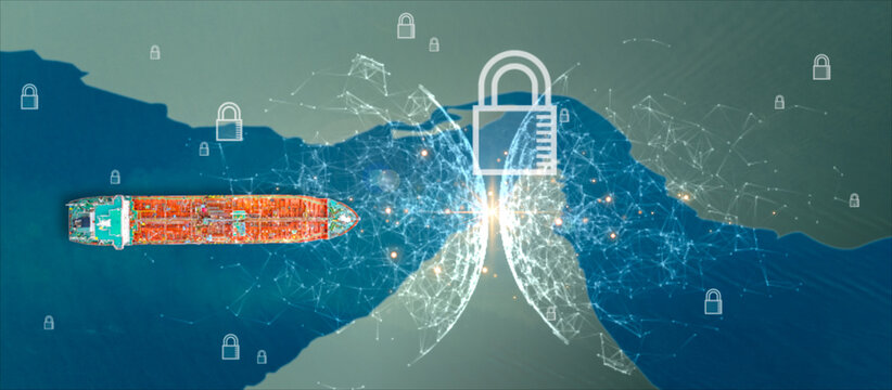 oil tanker ship with digital security lock network. Concept of global energy security, natural gas logistics protection, and maritime Blocking the Strait of Hormuz