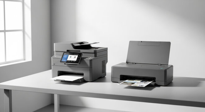 A Brother MFC-J995DW All-in-One Color Inkjet Printer and an Epson Expression Home XP-1100 Inkjet Printer on a white table in a white room with a window.