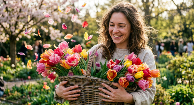 チューリップ Tulips 206 Smiling Woman Carrying a Large Basket of Vibrant Tulips in a Sunny Spring Garden（陽光溢れる春の庭で色鮮やかなチューリップが詰まった大きな籠を運ぶ笑顔の女性）