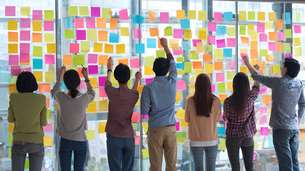 Obraz premium Creative teamwork and brainstorming concept featuring colorful sticky notes in a modern office, Generative AI illustrations.