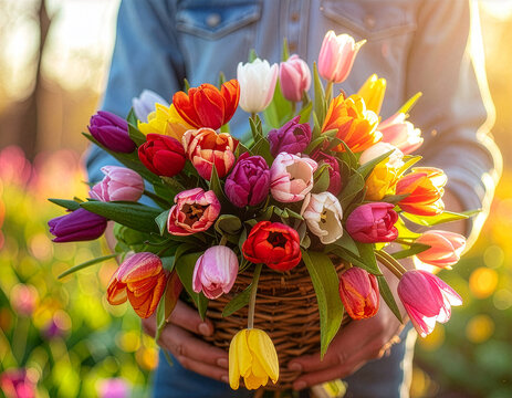 チューリップ Tulips 207 Close-up of a Person Holding a Basket Overflowing with Colorful Tulips in Golden Hour Sunlight（ゴールデンアワーの光の中で色鮮やかなチューリップが溢れる籠を抱える人のクローズアップ）
