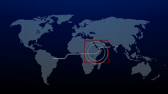 Abstract stylized world map with glowing red wireframe target and black fire silhouette