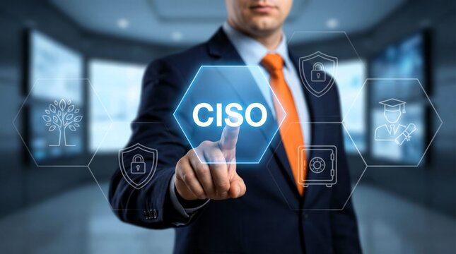A corporate executive wearing a dark suit and orange tie engaging with a glowing CISO icon, symbolizing information security leadership, data protection, and cyber defense strategies.
