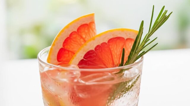 A refreshing drink with ice, garnished with sliced oranges and a sprig of rosemary
