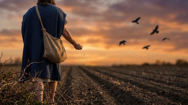 Man sowing seeds in field. Parable of sower concept. Biblical times agriculture and Jesus Christ teachings. Spiritual growth and faith.