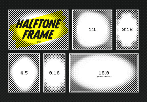 Halftone Frame Set with Dotted Borders