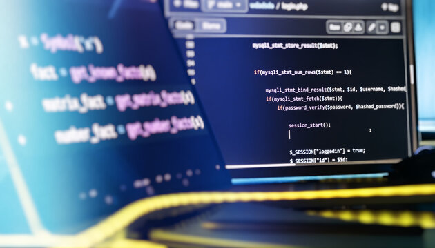 Web Development and Backend Coding Workspace with PHP Source Code on Screens and Neon Desk Lighting