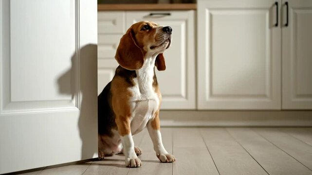A beagle dog peeking from behind a kitchen door, looking upwards in a domestic kitchen environment.