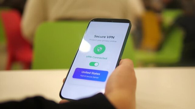 User activating a VPN on their phone for secure internet access in a cafe. High-quality UI showing the connection process to a United States server. Perfect for digital nomad, remote work, and