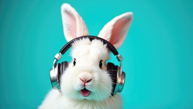 Cute White Bunny Character Wearing Professional Wireless Headphones Listening to Music on Vibrant Turquoise Background for Audio and Entertainment Branding
