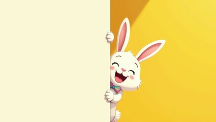 Obraz premium Happy Cartoon White Bunny Wearing Rainbow Bow Tie Peeking Behind Blank White Banner with Copy Space on Vibrant Yellow Background