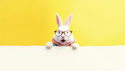 Obraz premium Happy White Easter Bunny Wearing Colorful Polka Dot Bow Tie Peeking Over Blank Horizontal Banner with Copy Space on Vibrant Yellow Background