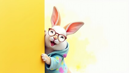 Obraz premium Happy White Bunny Character Wearing Glasses and Polka Dot Jacket Peeking Behind Yellow Wall Mockup with Copy Space on Soft Beige Background