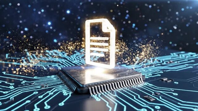 Digital document icon floating above a complex computer chip with glowing circuitry and abstract blue lights representing data and technology