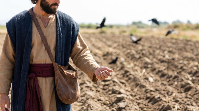 Man sowing seeds in a ploughed field, parables of Jesus concept. Biblical times and ancient agriculture.