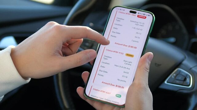 Close-up of a person using a mobile app to manage vehicle violations while sitting in a car. Smooth interface showing Overdue and Paid statuses. Perfect for videos about modern digital lifestyle