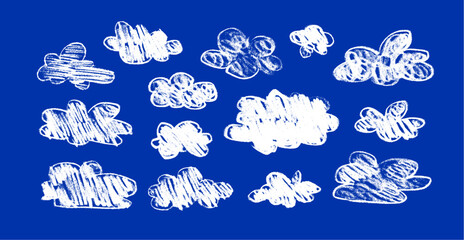 Pastel crayon cloud sketch with rough hand drawn charm. Blue sky shape in cute doodle style. Ideal for kids artwork, weather icons, and whimsical illustrations with soft chalk texture.