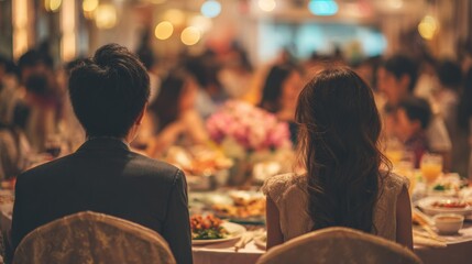 Obraz premium Chinese traditional lunar new year Spring Festival celebration in Asia. A man and woman seated at a dining table, surrounded by a group of people. On the table are plates of food, glasses of drinks.